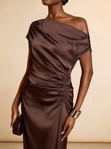 Vesra Satin Dress With One Shoulder Design And Waist Ruching