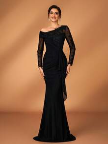 Serin Elegant Lyxig Svart Broderad Paljett Diamant Spets Applikation Transparent Ärm Skarv Elastisk Stickad Ryggad Volang Sjöjungfruklänning, Lämplig För Bröllop, Fest, Semester, Bal, Brudens Mors Aftonklänning - Svart - Visa 4