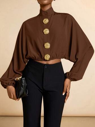 SHEIN Veneréa 女士金属装饰褶皱袖口衬衫