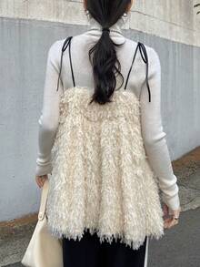 FRIFUL 女士纯色吊带毛绒纹理多层吊带背心，秋冬季 - 米色 - 查看 6