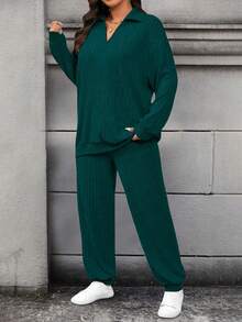 Calvaya Plus Size Casual Solid Color Long Sleeve Top And Pants 2 Pieces Set, Autumn - Dark Green - View 7