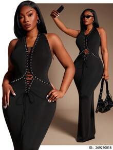 Radiana Plus Size Women's Sexy Deep V Eyelet Lace-Up Bodycon Fishtail Dress, Suitable For Street Style, Going Out, Party, Rave Sexy Curve Dress Slay Diva Dress Hollow Out Black Dress,Suitable For Hip-Hop,Leisure,Street Style,Western Wear,Music Festival,Vintage,Minimalism,Concert,Carnival Party,Resort,Outing,Vacation,Holiday,Date Night,Gathering,Birthday,Bachelorette Party Outfit,Gyaru,Break,Rave,Modest,Chic,Club,Cute,Casul,Shopping, Streetwear,Going Out,Y2K,Y3K,Coquette - Black - View 1