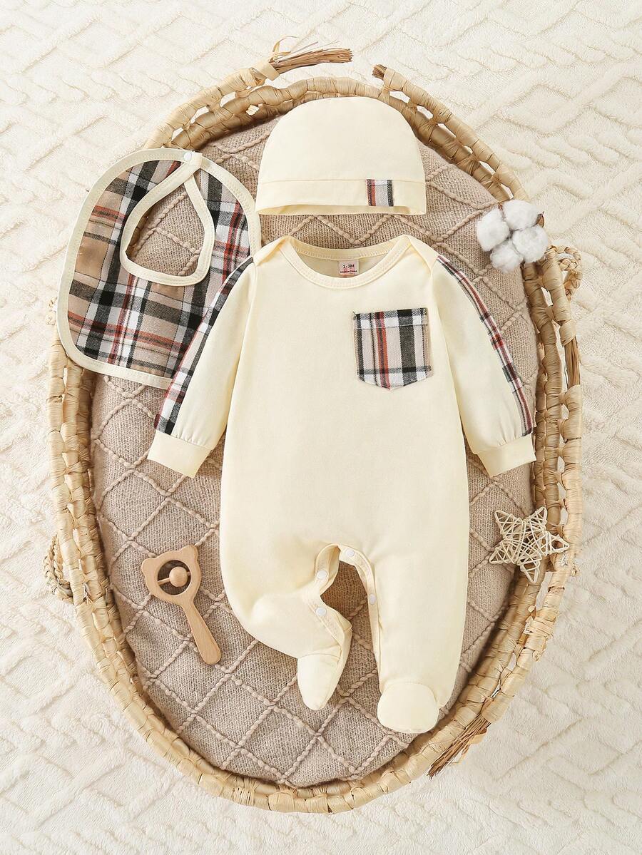 新生儿长袖连体衣、围兜和帽子三件套，针织格子图案，休闲风格 - 杏色 - 查看 1