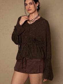 SHEIN VCAY Große Größen Lässig Vintage einfarbiger Cardigan mit Kordelzug in der Taille, Herbst - Braun - Übersicht 6