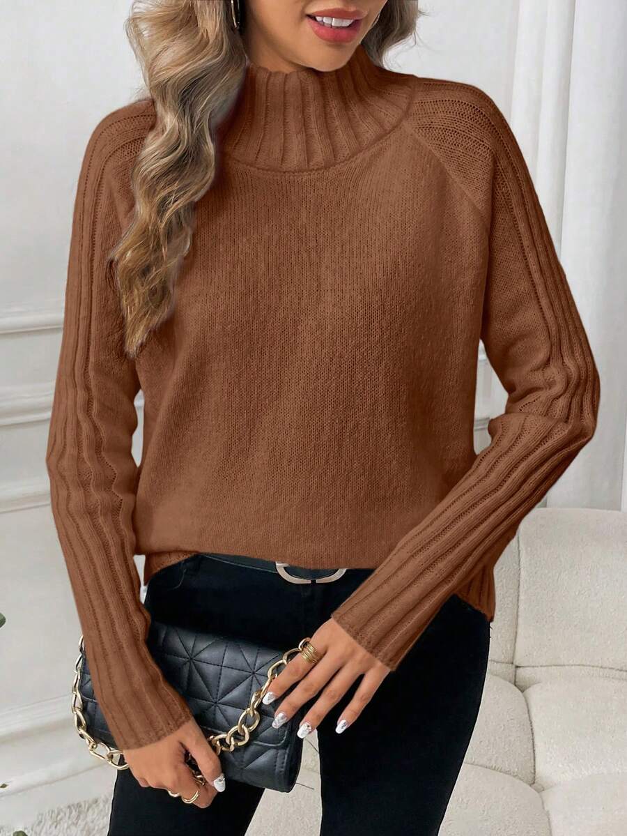 SHEIN LUNE Solid Color High Neck Raglan Sleeve Loose Casual Knit Pullover Sweater - Rust Brown - View 1