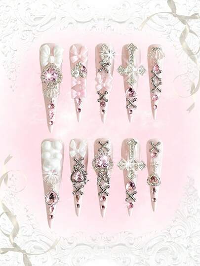 Anime 10pcs Cute Bowknot Music Note Star Element High Quality Handmade False Nails + 3pcs Double-Sided Adhesive, Y2K French Style Rhinestone Chain Polka Dot Removable Nail Art Stickers, Suitable For Holidays, Parties, Dancing And Daily Wear