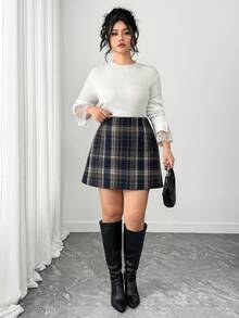 Dazy Plus 时尚格纹修身迷你直筒裙，优雅百搭，通勤必备 - 藏蓝色 - 查看 8