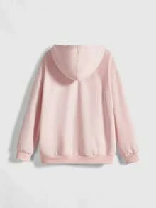 ROMWE Kawaii Cute & Sweet Bear Embroidery Zip Front Drawstring Sweatshirt For Women - Baby Pink - View 2