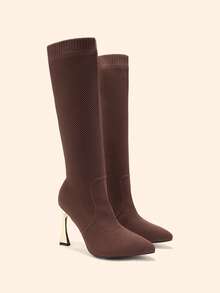 CUCCOO BASICS Damen Kaffeefarben Spitze Stiletto High Heel Elastisch Gestrickt Atmungsaktiv Schlank Bein Overknee Stiefel, Schwarz