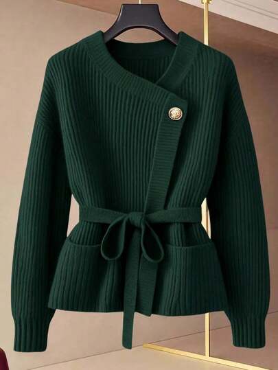 GlowEve Nuevo cárdigan de cuello en V para mujer, estilo europeo y americano con bloques de color, versátil, top de punto de moda minimalista