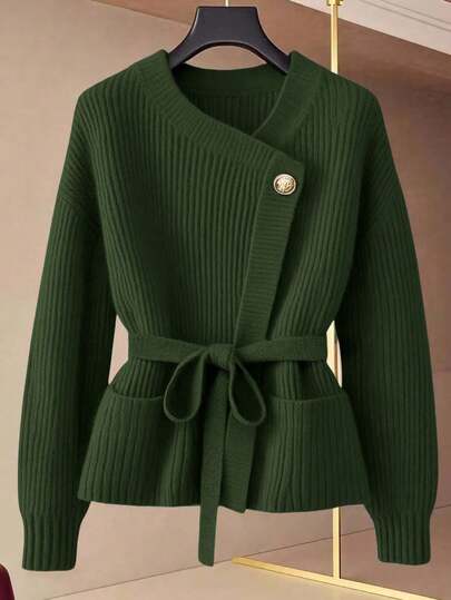 GlowEve New V-Neck Cardigan For Women, European And American Style Color Blocking Elegant Minimalist Fashion Knit Top