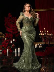 Glamrae Elegancka, luksusowa, zielona sukienka w dużym rozmiarze, z cekinami, dekoltem w serduszko, długim rękawem i dopasowanym dołem w stylu syreny, odpowiednia na wieczorne przyjęcie, randkę, bal, wesele, wakacje (bogaty haft), Walentynki - Zielony - Zobacz 7