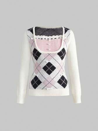 Kawaii Maglione aderente stile Y2K preppy con patchwork di diamanti e fiocchi