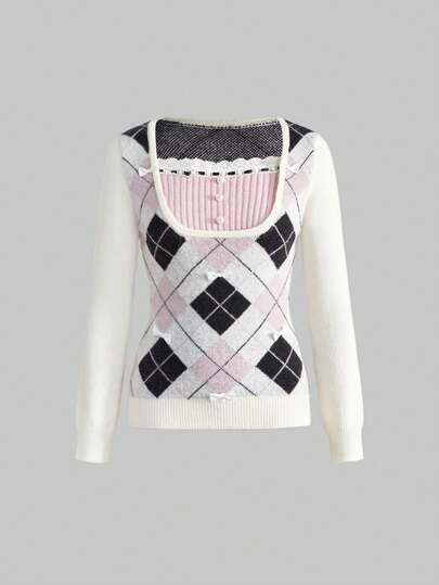 Kawaii Maglione aderente stile Y2K preppy con patchwork di diamanti e fiocchi
