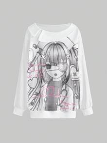 ROMWE Kawaii Cute Cartoon Anime Girl Peter Pan Collar Oblique Shoulder Women Sweatshirt - White - View 3