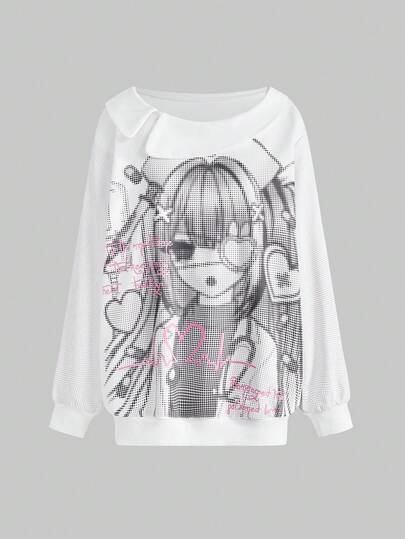 Sweat-shirt femme à col claudine, épaules obliques, style kawaii, mignon, dessin animé, personnage anime