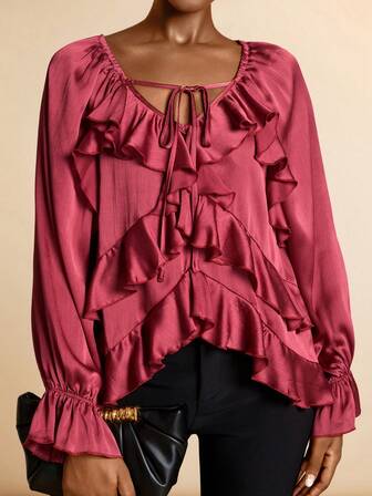 SHEIN Veneréa Women's Elegant Ruffle Tie Cuff Long Sleeve Blouse