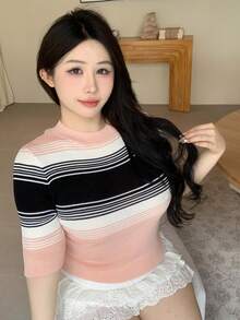 Dazy Plus 大码女式撞色条纹短袖休闲针织衫 - 粉色 - 查看 10