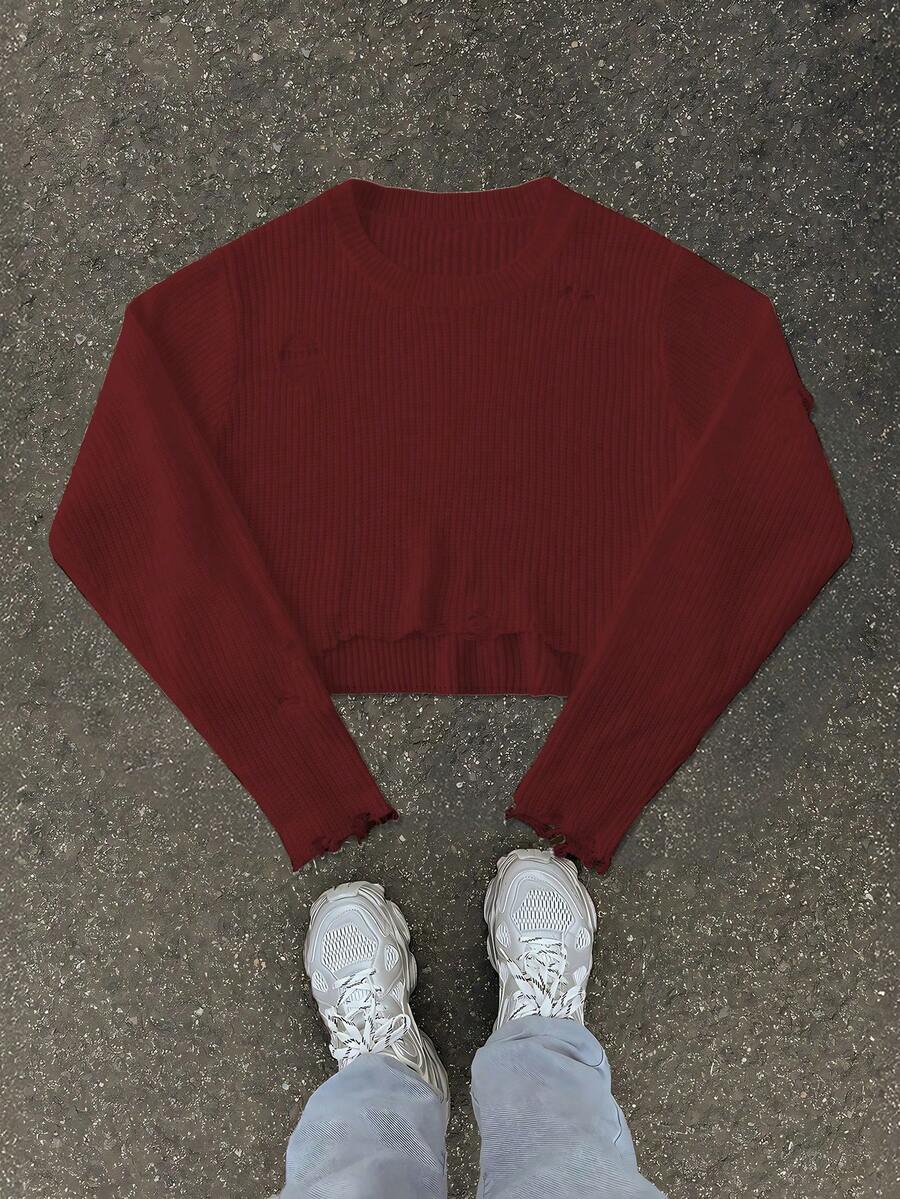 Manfinity EMRG Blogger Stylish Design Solid Color Distressed Pullover Sweater For Men, Autumn/Winter - Burgundy - View 1