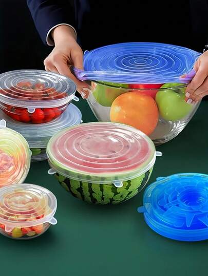 6 tapas de silicona elásticas reutilizables, duraderas, herméticas, resistentes al calor y a prueba de fugas para mantener frescos los alimentos en la cocina, el hogar y uso doméstico. Prácticas y multiusos.