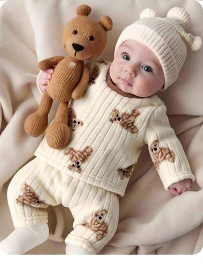 Newborn Baby Girl Cute Casual Cartoon Pattern Knit Long Sleeve Pajama Set