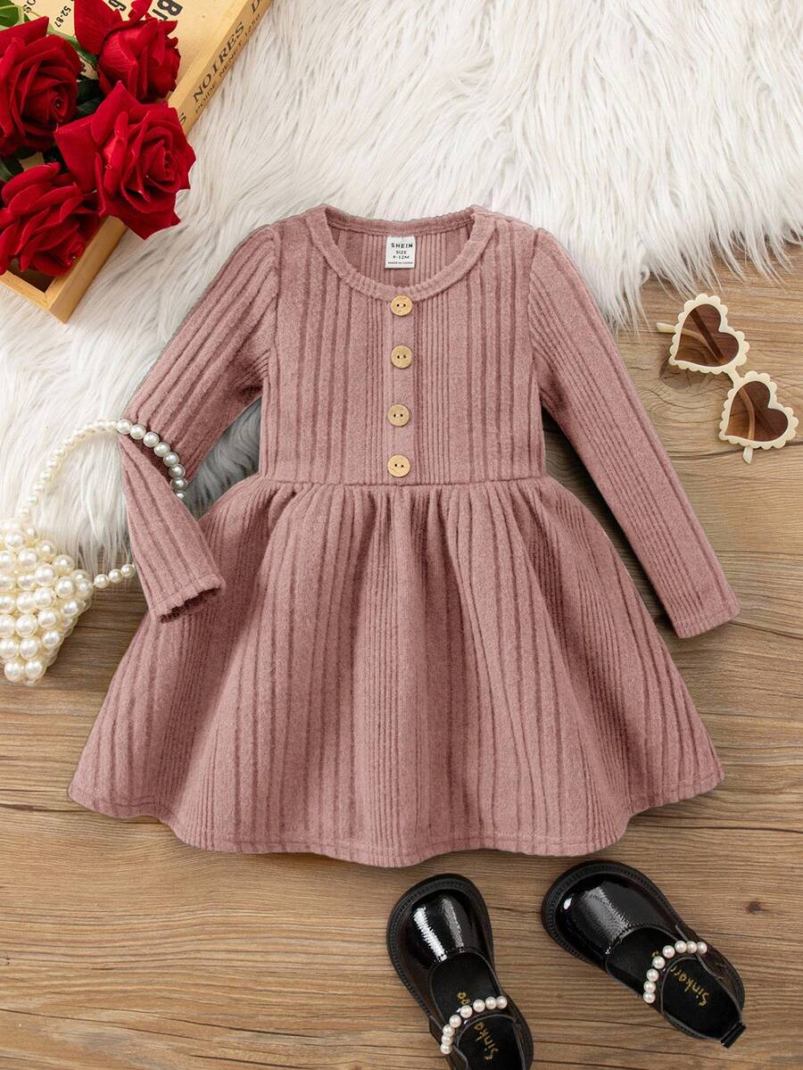 1 Piece 1SHEIN Cute Baby Girl Casual And Elegant Green Round Neck Dress With Grab Stripes Suitable For Birthday Parties, Evening Parties, Performances, Weddings, Baptisms, Opening Ceremonies Suitable For Daily Use Suitable For Travel Suitable For Autumn And Winter Seasons - Dusty Pink - View 1