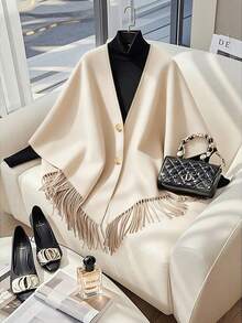 Franclia 女士羊毛斗篷外套，流苏下摆，优雅休闲，适合返校、教师节、圣诞节等场合。 - 杏色 - 查看 1