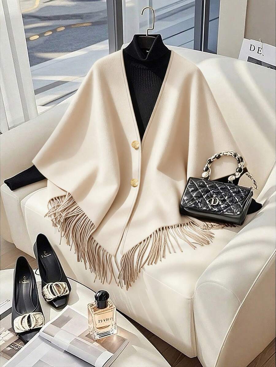 Franclia 女士羊毛斗篷外套，流苏下摆，优雅休闲，适合返校、教师节、圣诞节等场合。 - 杏色 - 查看 1