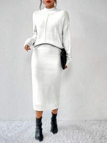 SHEIN LUNE Women's Solid Color Turtleneck Drop Shoulder Long Sleeve Sweater And Knit Skirt 2-Piece Set, Casual For Autumn/Winter - Beige - View 5