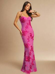 Silquee Vestido de mujer con cami de cola de pez, ajustado y con diseño floral 3D sexy