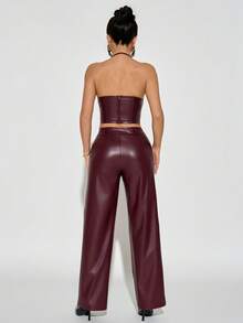SHEIN PETITE ICON Y2K 女装纯色露背上衣和休闲酒红色长裤套装,适合夏季派对和新年穿着,性感女士两件套,适合夜店穿着。 - 酒紅色 - 查看 3