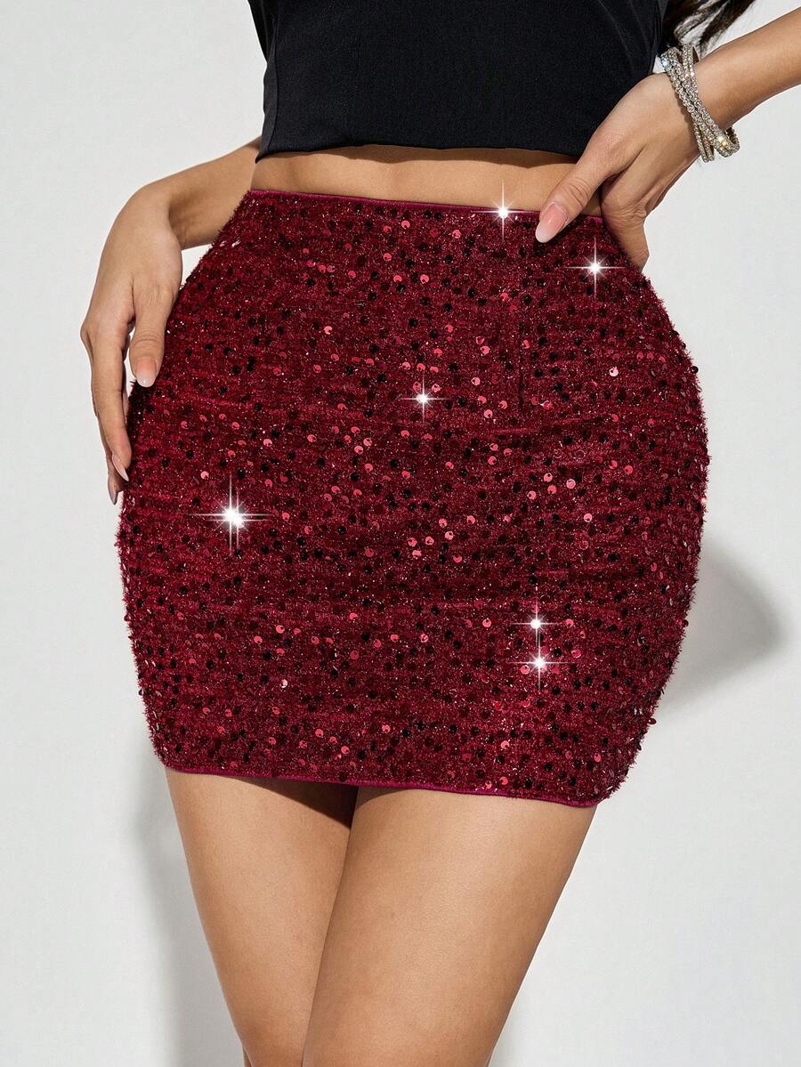 SHEIN PETITE Mini-jupe élégante à paillettes et sequins de couleur unie pour femmes, petite taille - Rouge - Voir 1