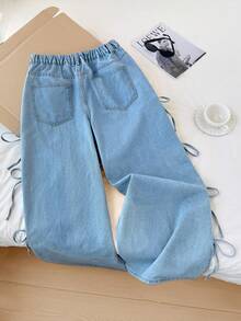 Comfortcana 大码女式宽松休闲牛仔裤，带口袋和侧系带，系带牛仔裤，宽松牛仔裤，Y2k 宽松牛仔裤，超大牛仔裤，蝴蝶结牛仔裤，女式阔腿裤，女式秋季服装，女式秋季牛仔裤，女式阔腿裤，女式早午餐，女式牛仔布，高腰牛仔裤，女式阔腿裤 - 中等水洗藍 - 查看 2