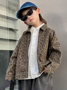 DAZY 男童豹纹落肩拉链牛仔外套，秋季款