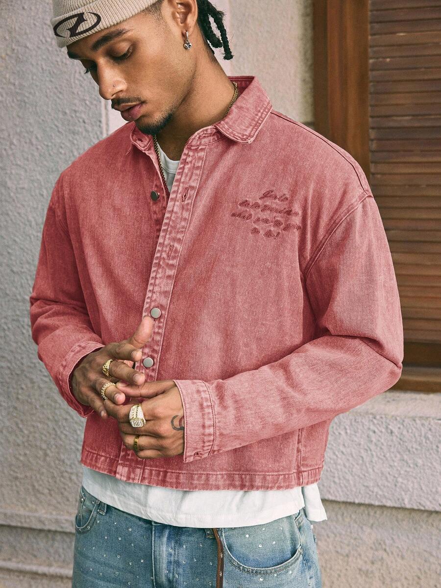 AXEPEAK Jaket Denim Pria Lengan Panjang Model Longgar Kasual - Berwarna merah muda - View 1