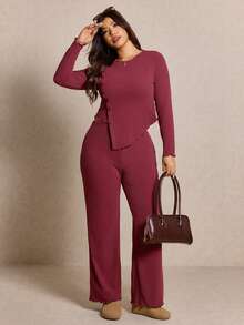 Elaquor 2pcs/Set Women Plus Size Casual Solid Color Long Sleeve Top And Pants - Burgundy - View 3