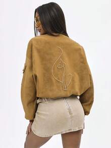 BABYPHAT Oversized Suede Bomber Jacket With Cat Embroidery Zip Front Ribbed Cuffs Fall Winter Outerwear - Brown - View 1
