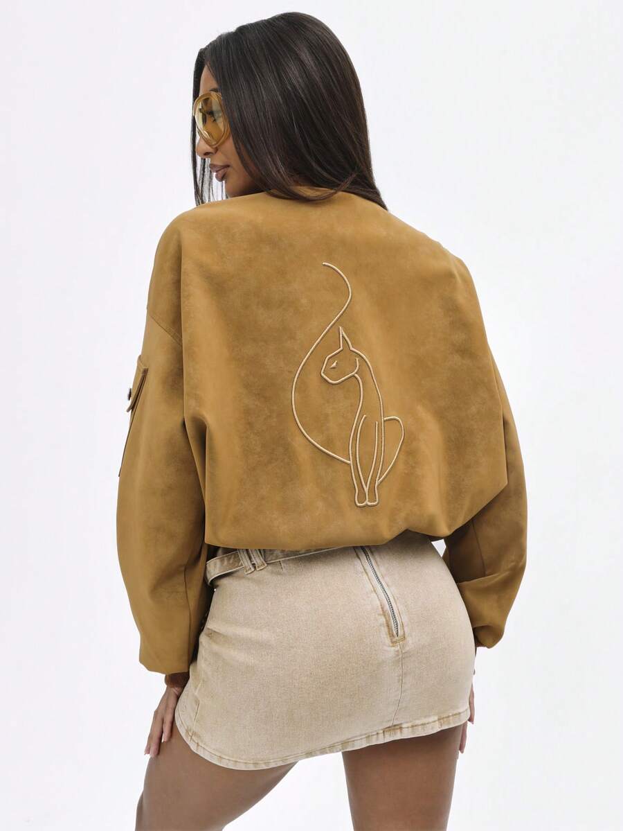 BABYPHAT Oversized Suede Bomber Jacket With Cat Embroidery Zip Front Ribbed Cuffs Fall Winter Outerwear - Brown - View 1