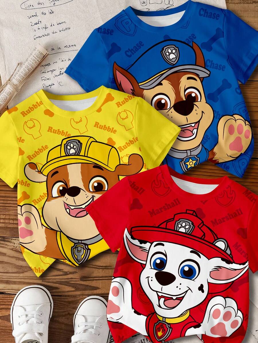 SHEIN | PAW Patrol 男童可爱卡通狗印花短袖T恤3件装 - 彩色 - 查看 1