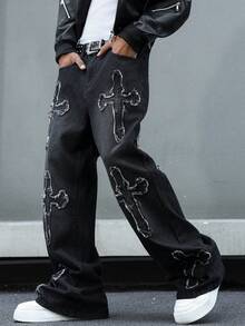 GALLERY FADE Jeans en denim gris foncé style casual de rue avec patch brodé pour hommes - Gris foncé - Voir 4