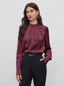 BizChic 2026 Spring/Summer New Arrival Smoked Pink Pleated Collar Design Women's Pullover Blouse, Vintage Chic Urban Commute Everyday Casual Romantic Outfit, 90s Style, Suitable For Christmas, New Year, Thanksgiving, Elegant Party, Beach, Graduation, Versatile & Minimalist, Suitable For Wedding Guest, Host, Date, Party, Concert, Brunch, Airport And Multi-Occasion - Purple - View 3