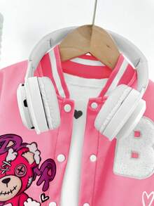 SHEIN Sparklyn Young Girls Adorable Pink Regular Length Jacket Feature Cartoon Print Baseball Collar Long Sleeves And Tight Hem - Pink - View 4