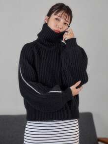 FRIFUL Women's Autumn/Winter Side Stripe High Neck Raglan Sleeve Loose Knit Sweater - Black - View 3