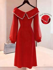 Franclia Elegant And Fashionable Women's Dress, Red Women's Dress, Designer Dress With Bead Embellishments, Sparkling Dress, Elegant Dress, New Year's Eve Dress. - Red - View 1