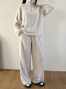 DAZY Women's Knitted Jacquard Fuzzy Twist Pattern Loose Fit Loungewear Set, Autumn/Winter