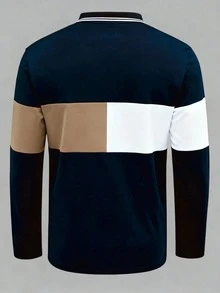 Manfinity Dauomo 男士撞色条纹休闲通勤长袖Polo衫 - 彩色 - 查看 2