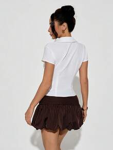 SHEIN PETITE Women's Elegant Spring/Summer Commute Daily Casual Solid White Short Sleeve Pleated Waist Shirt - White - View 3