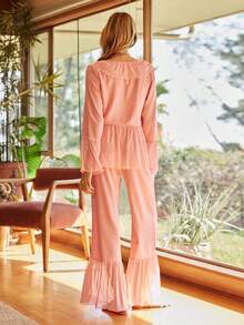 Lullawish 波西米亚风喇叭袖粉色荷叶边睡衣套装，冬季服装 - 粉色 - 查看 2