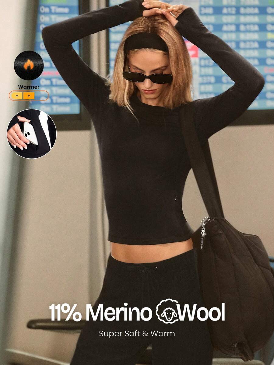 GLOWMODE 别致温暖系列 Swift 温暖羊毛混纺柔软舒适臀部长度隐藏拉链口袋拇指孔圆领长袖上衣秋冬户外日常休闲装 - 黑色 - 查看 1