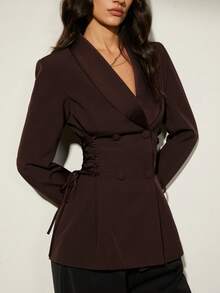 Aveloria Modichic 缎面拼接系带女士西装外套，优雅休闲夹克 - 酒紅色 - 查看 5